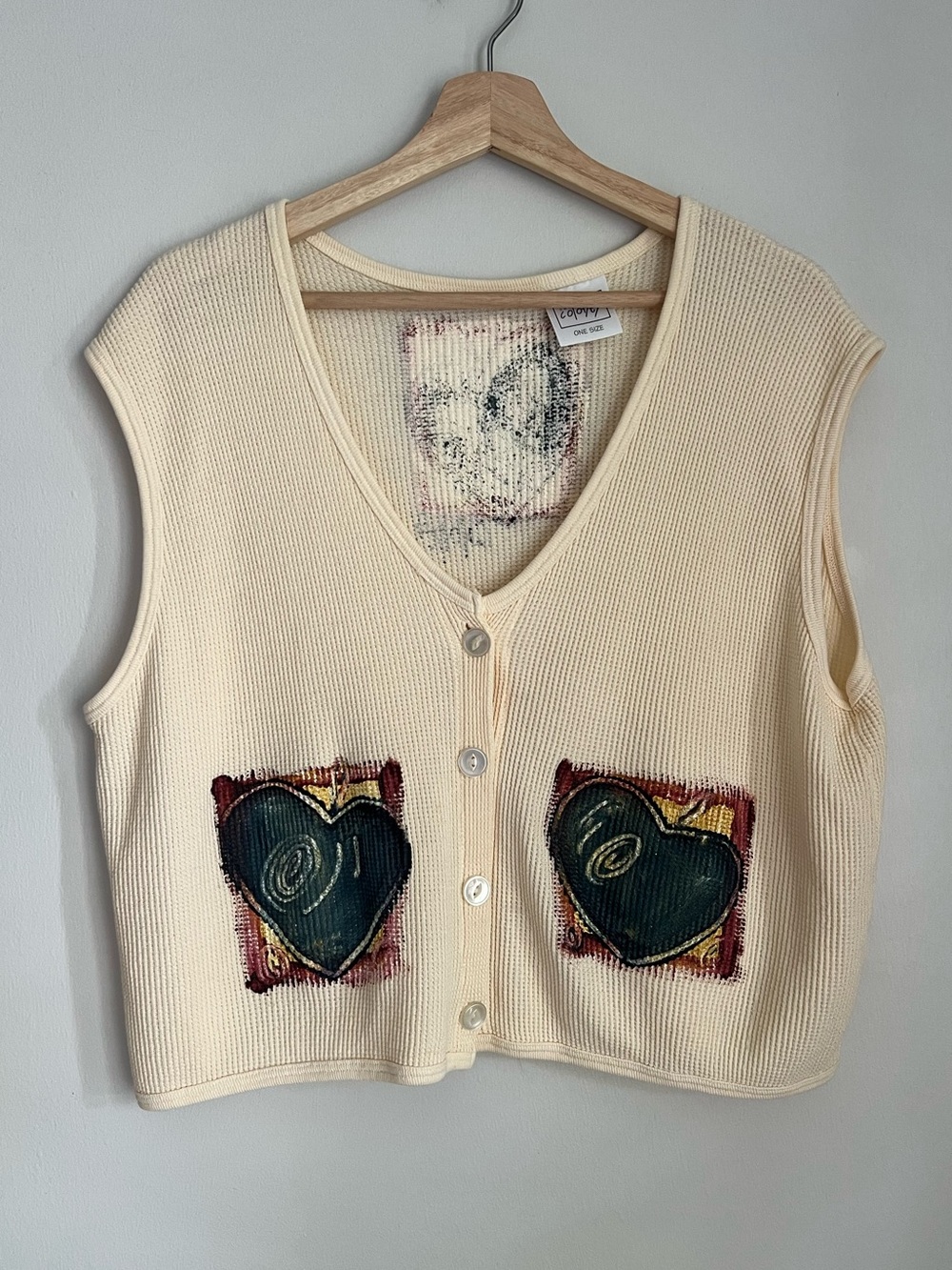 Catherine Coloney Cream Knit Button-Up Vest with Hand Painted Hearts